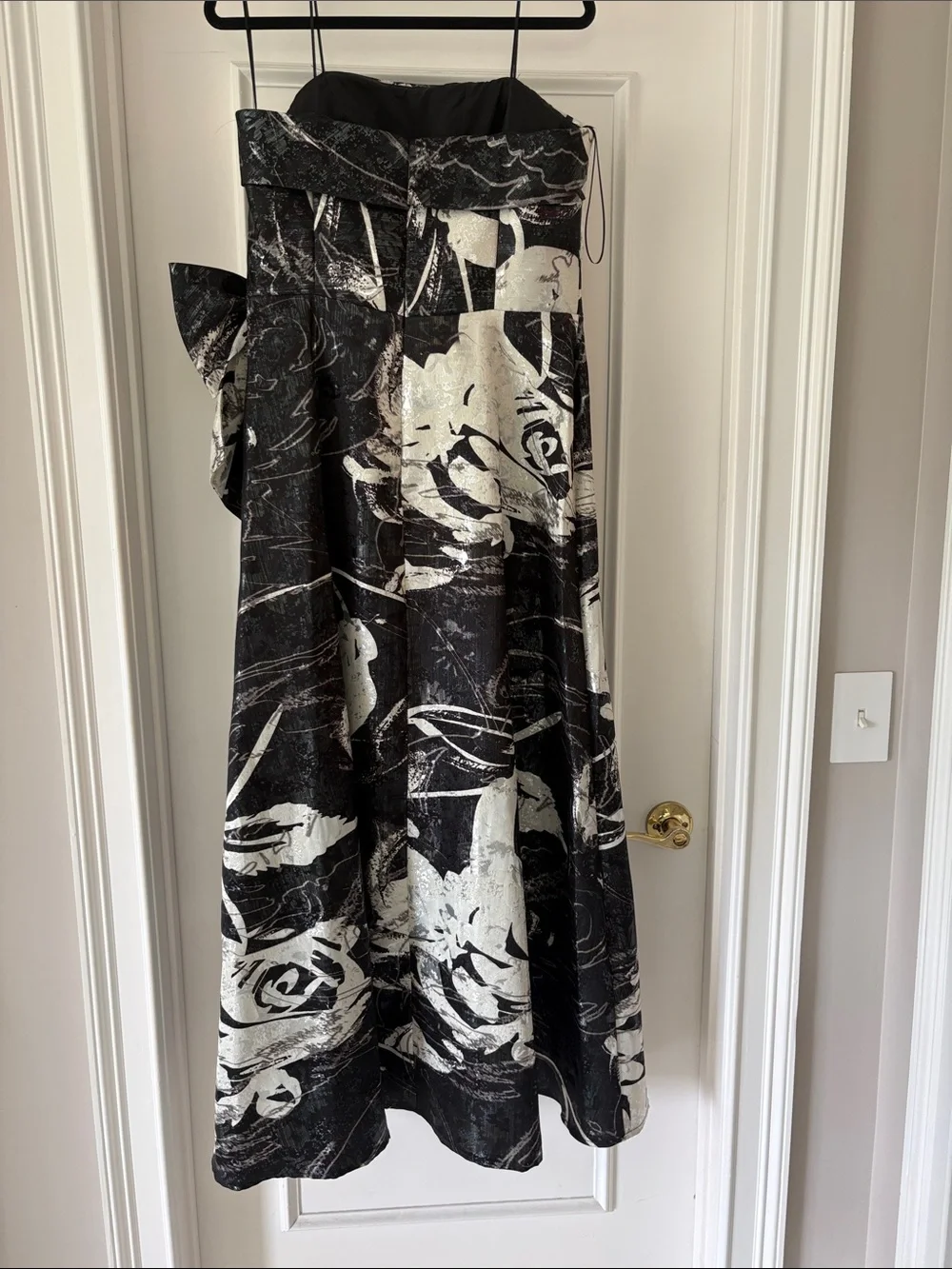 Teri Jon Black, White & Silver Strapless Floral A-Line Dress with Side Bow
